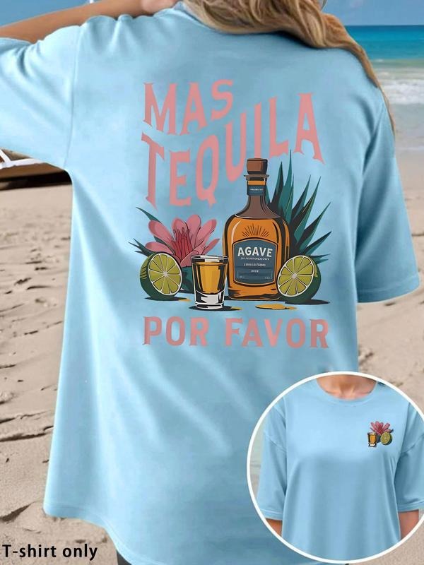 Women'WB shield Tequila Cocktail Print Round Neck Tee, Casual Short Sleeve T-shirt for Daily Wear, Ladies TNF for Spiky...