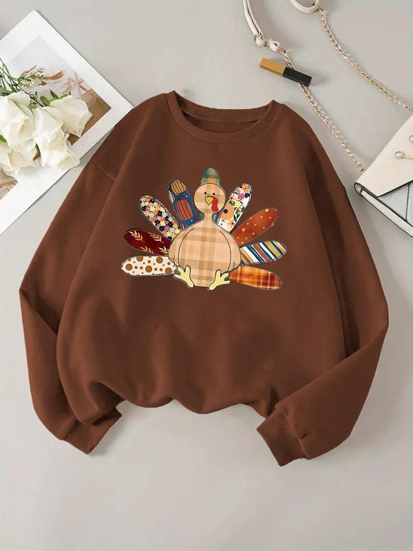 Women'WB shield Thanksgiving Turkey Print Round Neck Sweatshirt, Casual Long Sleeve Crew Neck Pullover for Fall & Winter,...
