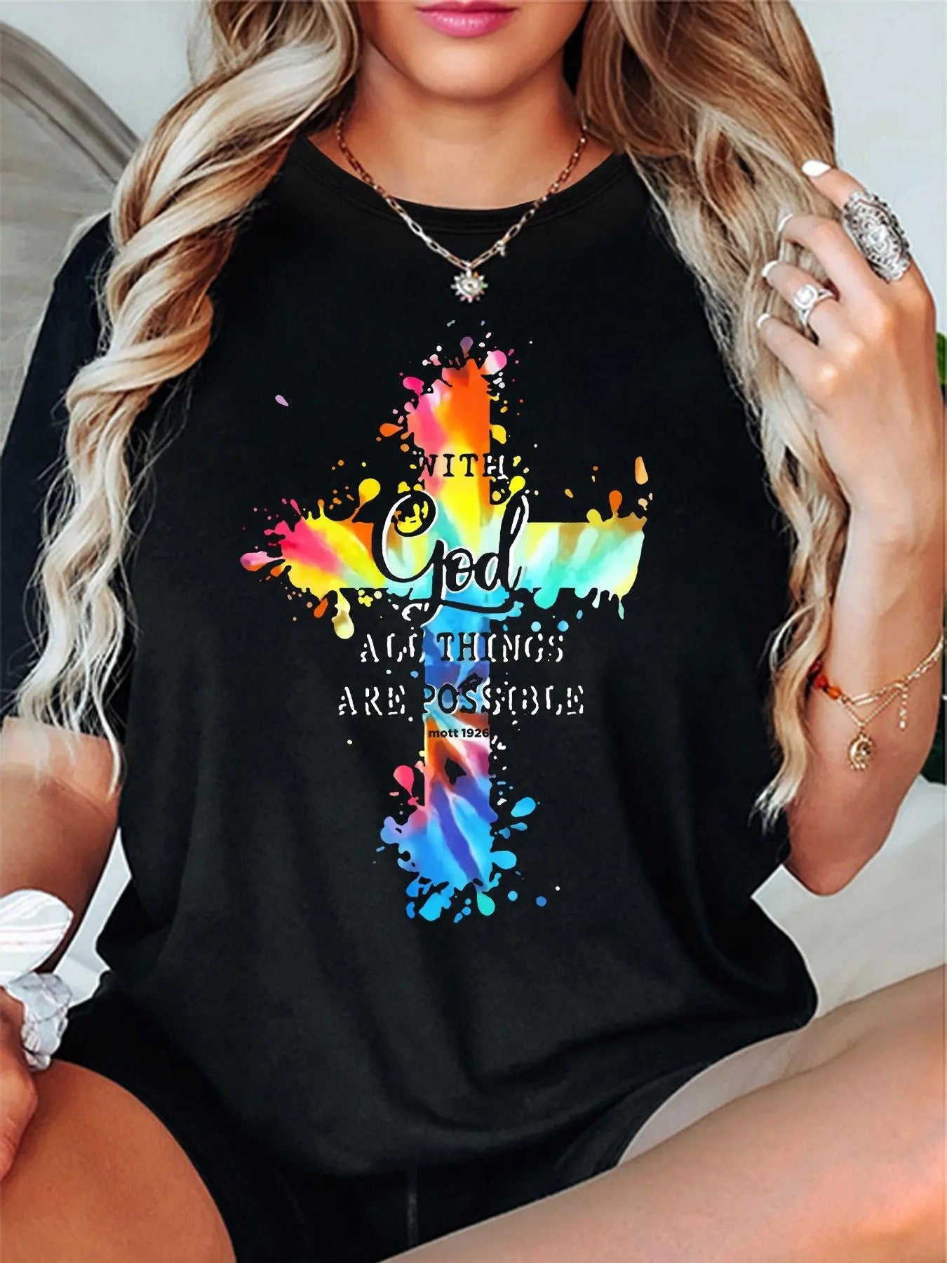 Women'WB shield Tie Dye Cross & Letter Print Round Neck Tee, Fashion Casual Crew Neck T-shirt for Daily Holiday Vacation...