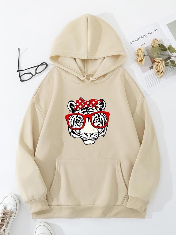 Women'WB shield Tiger Print Drawstring Pocket Hoodie, Fashion Casual Hooded Sweatshirt for Daily Holiday Outdoor Wear,...