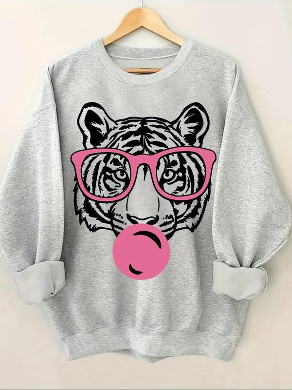 Women'WB shield Tiger Print Round Neck Sweatshirt, Casual Long Sleeve Crew Neck Pullover for Fall & Winter, Fashion...