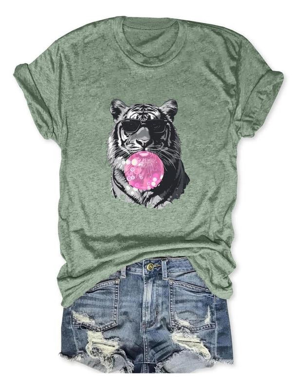 Women'WB shield Tiger Print Round Neck Tee, Trendy Graphic Short Sleeve T-shirt For Daily Wear, Ladies All-match...