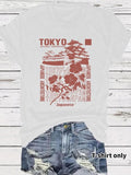 Women'WB shield Tokyo Castle & Flower Print Round Neck Graphic Tee, Vintage Trendy Casual Short Sleeve T-shirt for Daily Wear, Ladies Summer Outfit, Top