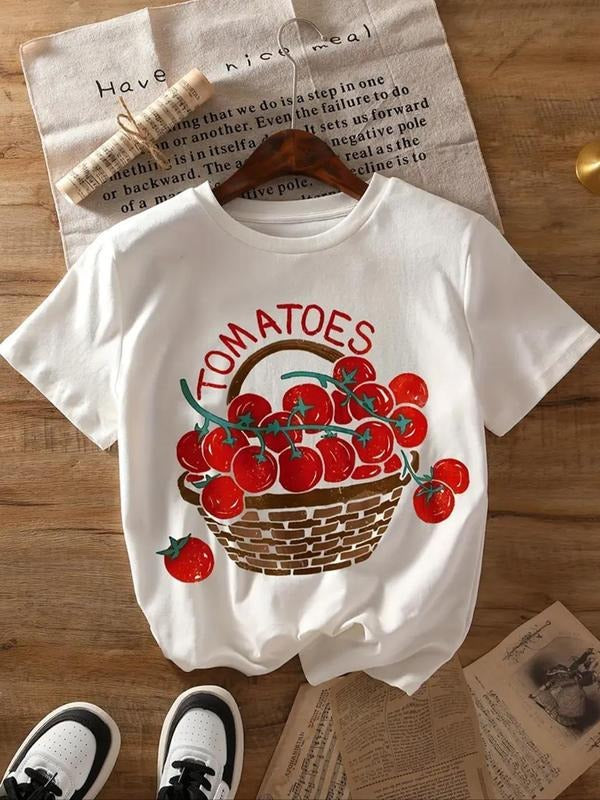 Women'WB shield Tomato & Letter Print Round Neck Tee, Casual Short Sleeve Crew Neck T-shirt for Summer, Fashion Women'WB...
