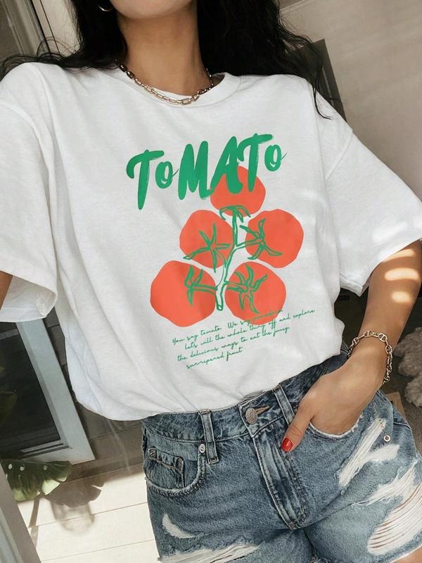 Women'WB shield Tomato & Letter Print Round Neck Tee, Casual Slogan Graphic Short Sleeve T-shirt for Summer, Women'WB...