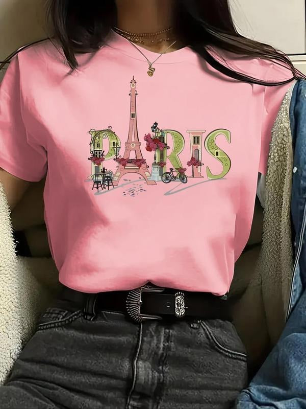 Women'WB shield Tower & Letter Print Round Neck Tee, Trendy Casual Short Sleeve Floral Print T-shirt for Daily Wear,...