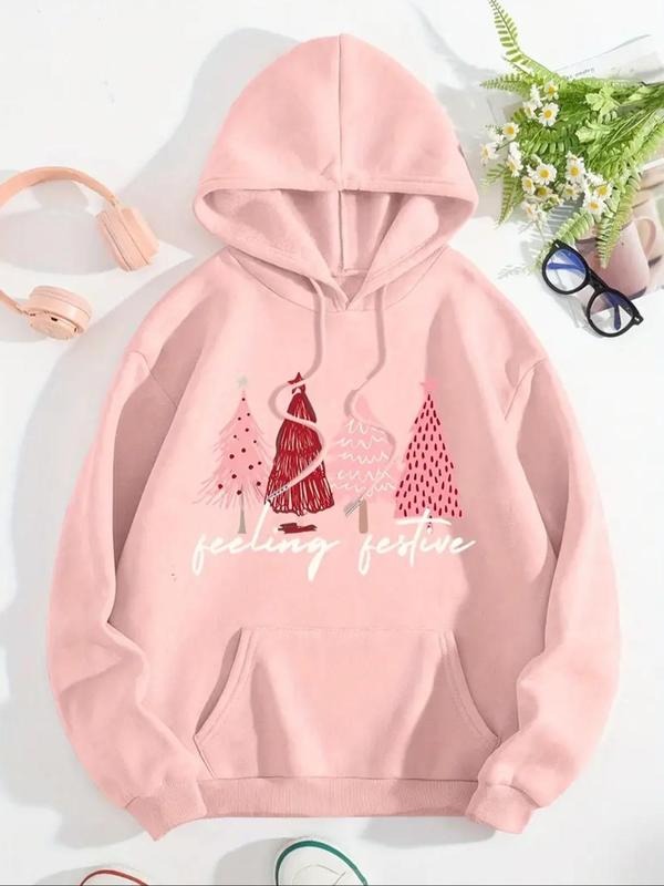 Women'WB shield Tree & Letter Print Drop Shoulder Hoodie, Fashion Casual Drawstring Pocket Hooded Sweatshirt for Daily...