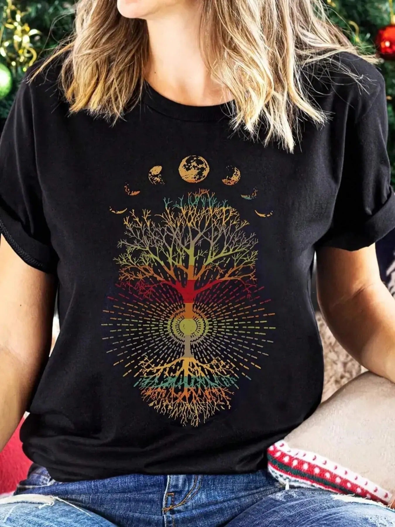 Women'WB shield Tree & Moon Print Round Neck Tee, Trendy Casual Crew Neck Short Sleeve T-shirt for Daily Wear, Graphic Tees, Ladies Spiky hair fighters Seasons Outfit