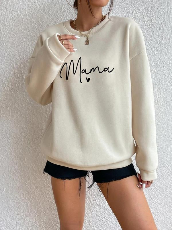 Women'WB shield Trendy Heart & Letter "mama" Print Sweatshirt, Graphic Long Sleeve Round Neck Pullover for Fall & Winter, Lady Clothing for Daily Wear, Comfort Womenswear Casual Wear
