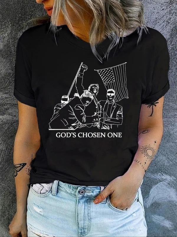 Women'WB shield Trump & "FOG'WB shield CHOSEN Straw hat pirates" Slogan Print Round Neck Tee, Fashion Casual Short Sleeve...