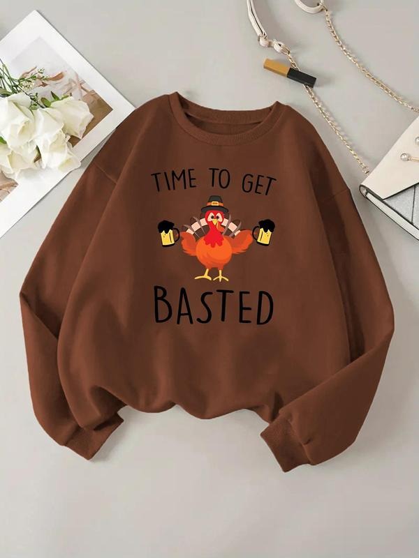 Women'WB shield Turkey & Letter Print Crew Neck Sweatshirt, Casual Long Sleeve Pullover for Fall & Winter, Fashion...