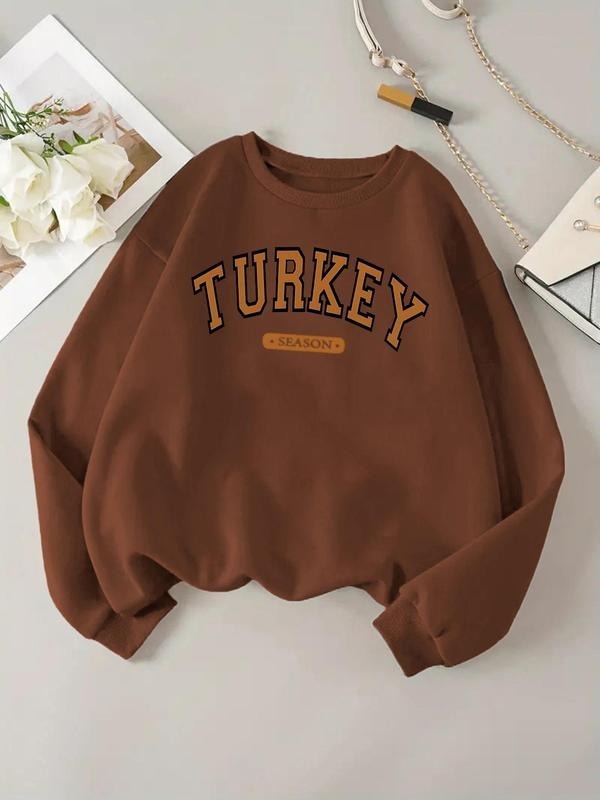 Women'WB shield Turkey Letter Print Crew Neck Sweatshirt, Casual Long Sleeve Round Neck Pullover for Fall & Winter,...