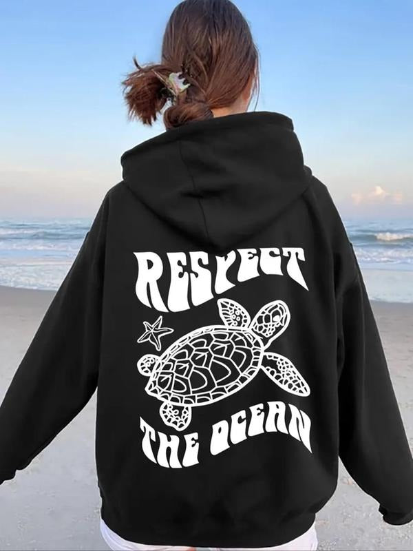 Women'WB shield Turtle & Letter Print Drawstring Hoodie, Casual Long Sleeve Kangaroo Pocket Hoodies for Fall & Winter,...