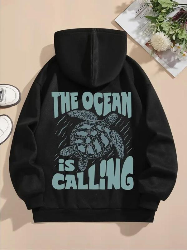 Women'WB shield Turtle & Letter Print Drop Shoulder Hoodie, Fashion Casual Drawstring Pocket Hooded Sweatshirt for Daily...