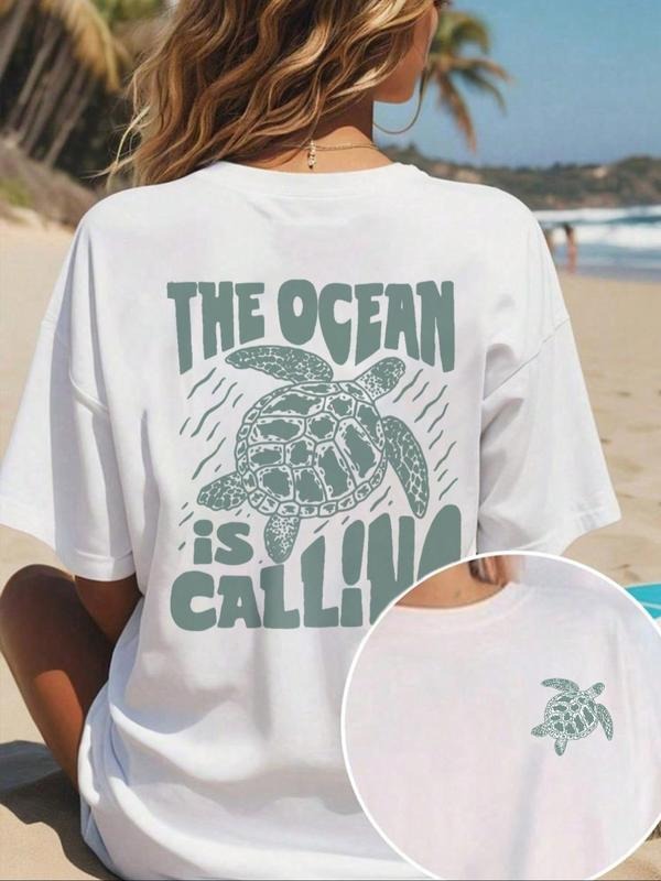 Women'WB shield Turtle & Letter Print Round Neck Tee, Vintage Trendy Casual T-shirt for Daily Wear, Ladies Summer, Top...
