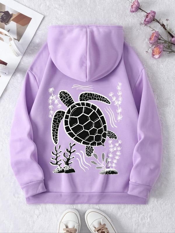 Women'WB shield Turtle Print Drawstring Pocket Hoodie, Casual Long Sleeve Hooded Sweatshirt for Fall & Winter, Women'WB...