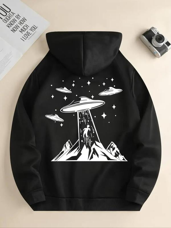 Women'WB shield UFO & Mountain Print Drop Shoulder Hoodie, Fashion Casual Drawstring Pocket Hooded Sweatshirt for Daily...