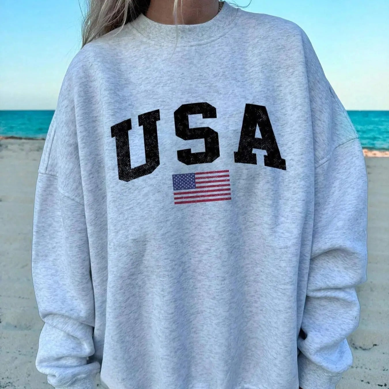 Women'WB shield USA Flag & Letter Print Drop Shoulder Sweatshirt, Casual Long Sleeve Round Neck Pullover for Fall &...