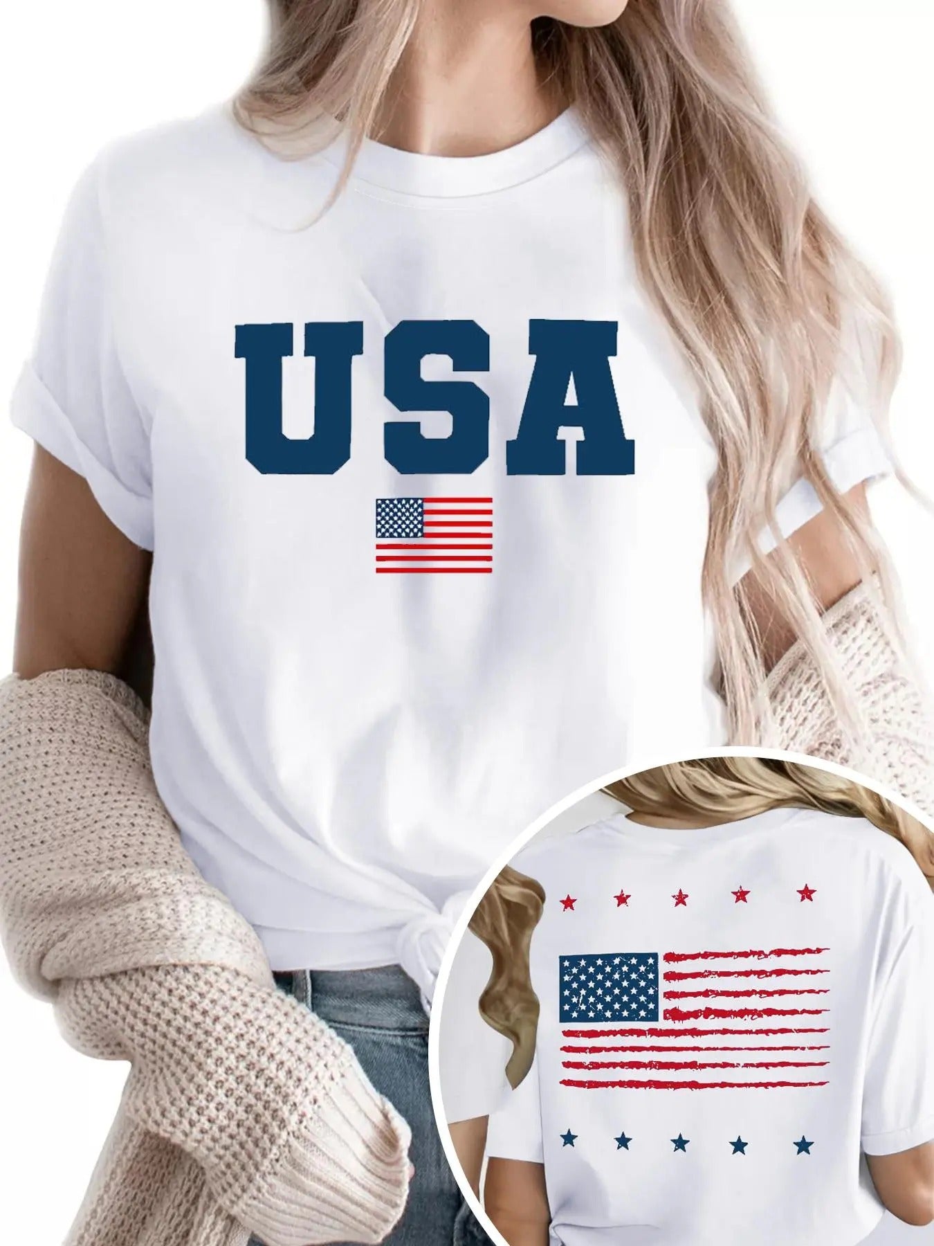 Women'WB shield USA Flag & Letter Print Round Neck Tee, Casual Short Sleeve Crew Neck T-Shirt for Daily Wear, Ladies TNF...