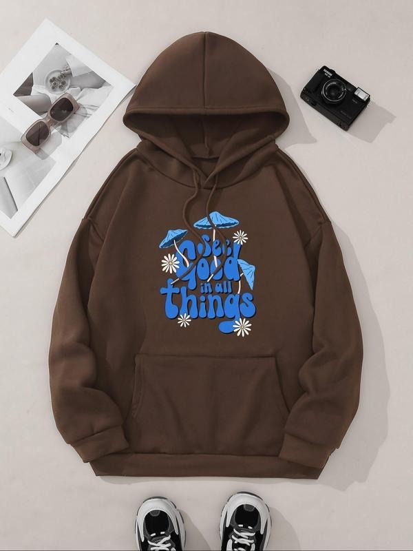 Women'WB shield Umbrella & Letter Print Drop Shoulder Hoodie, Fashion Casual Drawstring Pocket Hooded Sweatshirt for...