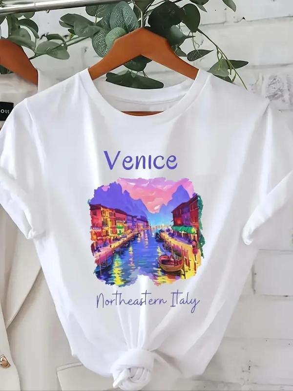 Women'WB shield Venice City & Letter Print Round Neck Tee, Casual Short Sleeve Crew Neck T-Shirt for Summer, Fashion...