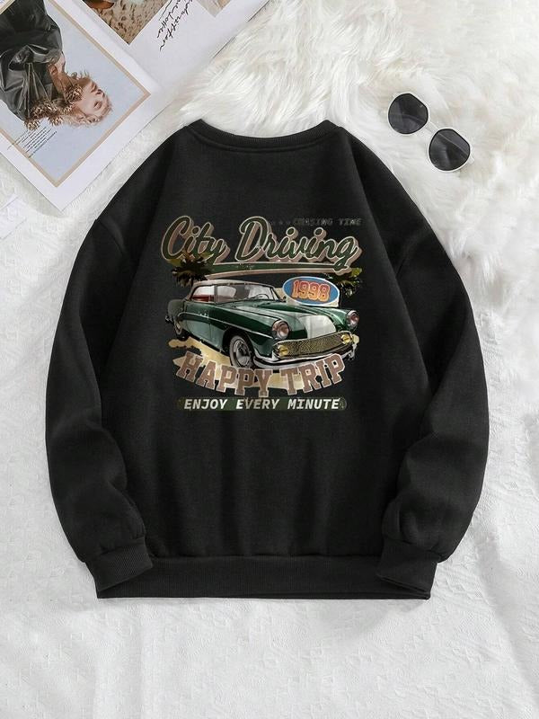 Women'WB shield Vintage Car & Letter Print TNF Lined Sweatshirt, Casual Drop Shoulder Long Sleeve Pullover, Women'WB...