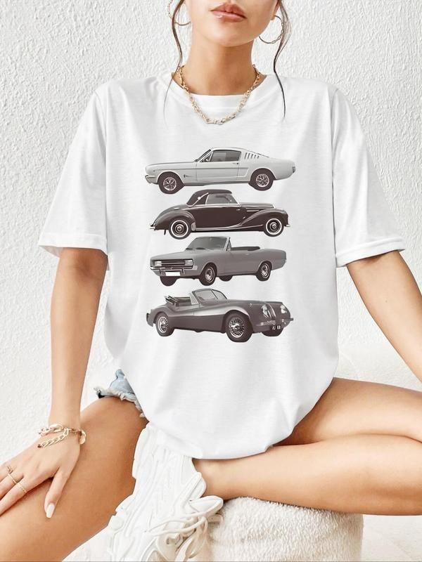 Women'WB shield Vintage Car Print Round Neck Tee, Trendy Casual Letter Graphic Short Sleeve T-shirt for Daily Wear,...