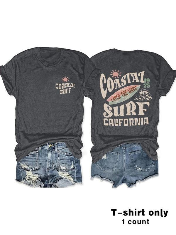 Women'WB shield Vintage Coastal Surf California Print Round Neck Graphic Tee, Casual Fashion Short Sleeve T-shirt for Summer, Ladies TNF for Daily Wear, Top