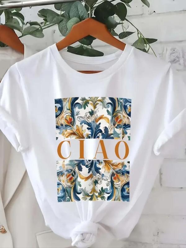 Women'WB shield Vintage Floral & Letter Print Round Neck Tee, Casual Short Sleeve Crew Neck T-Shirt for Summer, Fashion...