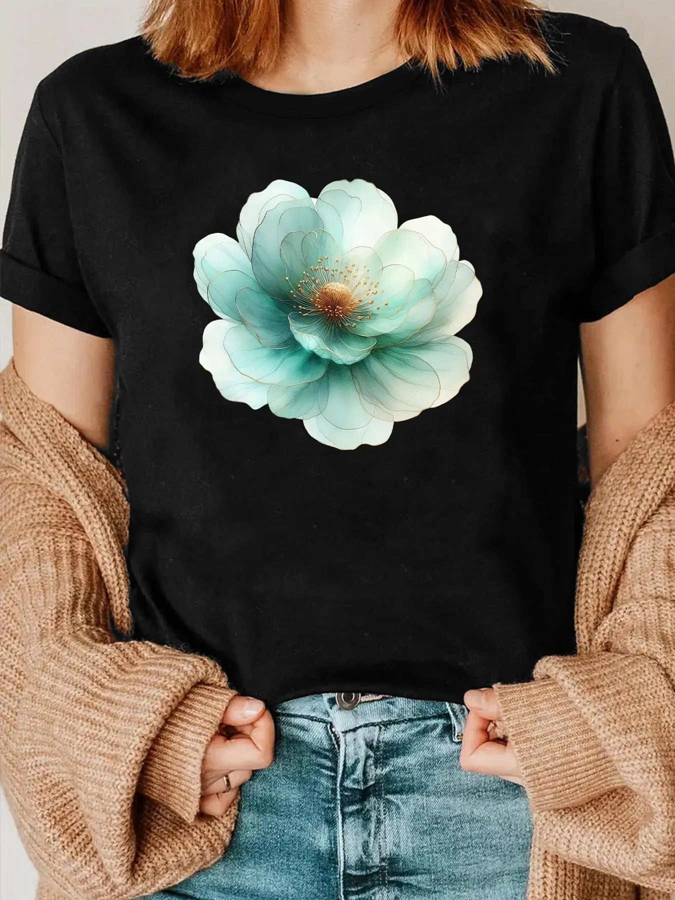 Women'WB shield Vintage Flower Print Round Neck Graphic Tee, Casual Short Sleeve Crew Neck T-shirt for Summer, Fashion...