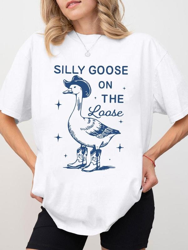 Women'WB shield Vintage Letter & Duck Print Round Neck Graphic Tee, Casual Half Sleeve T-shirt for Summer, Women'WB...