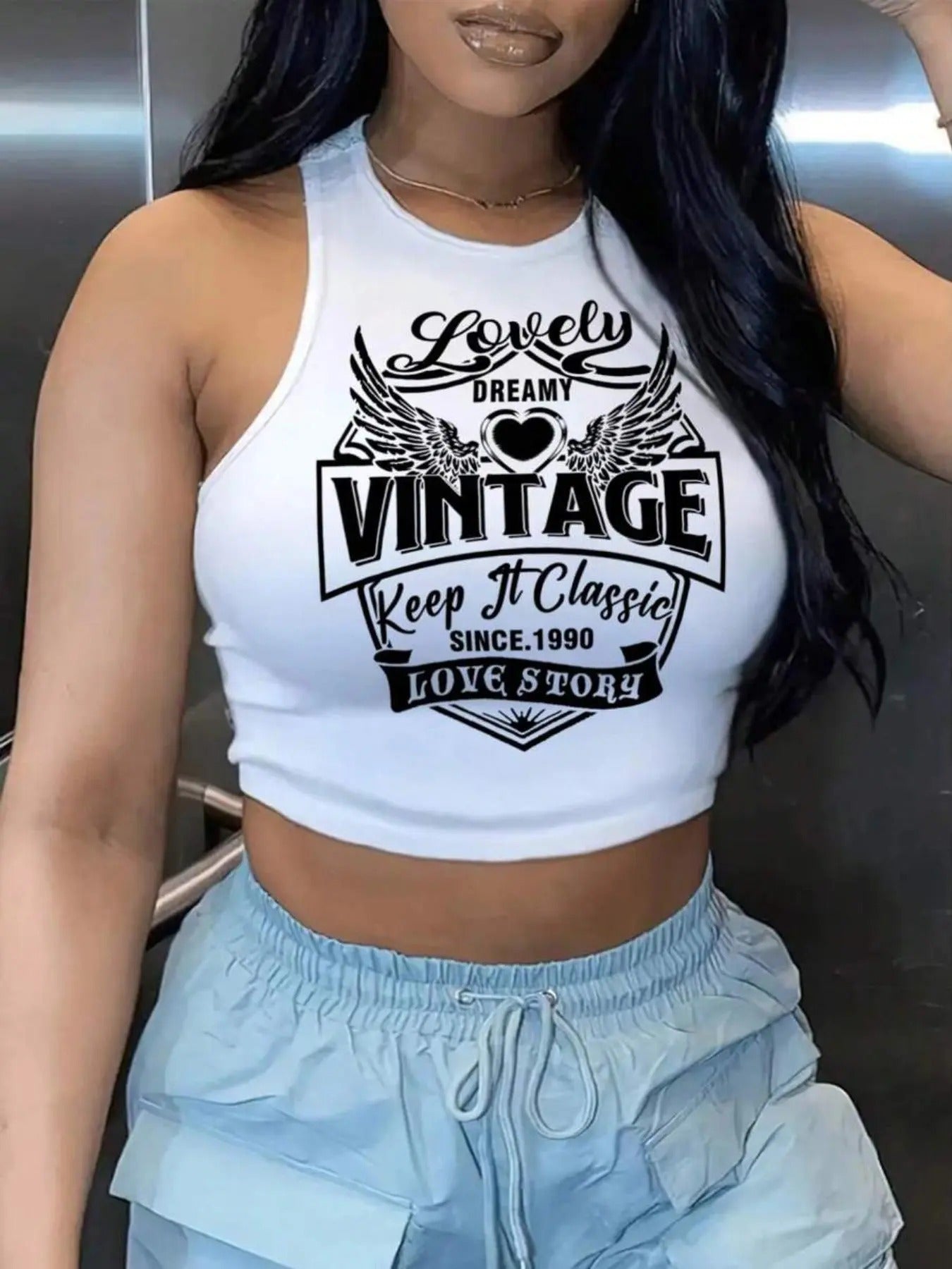 Women'WB shield Vintage Letter Print Crop Tank Top, Casual Sleeveless Round Neck Top for Summer, Women'WB shield Top for...
