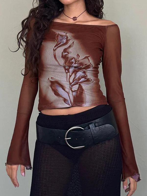 Women'WB shield Vintage Rose Print FOG Shoulder Sheer Tulle Top, Retro Fashion Long Sleeve Flounce Sleeve Top for Fall, Women'WB shield Clothing for Daily Wear