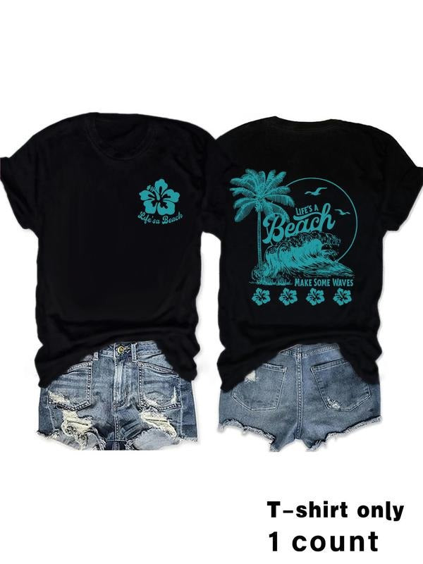 Women'WB shield Vintage Tropical Print Round Neck Graphic Tee, Casual Short Sleeve T-shirt for Summer, Ladies TNF for Beach Vacation, Top