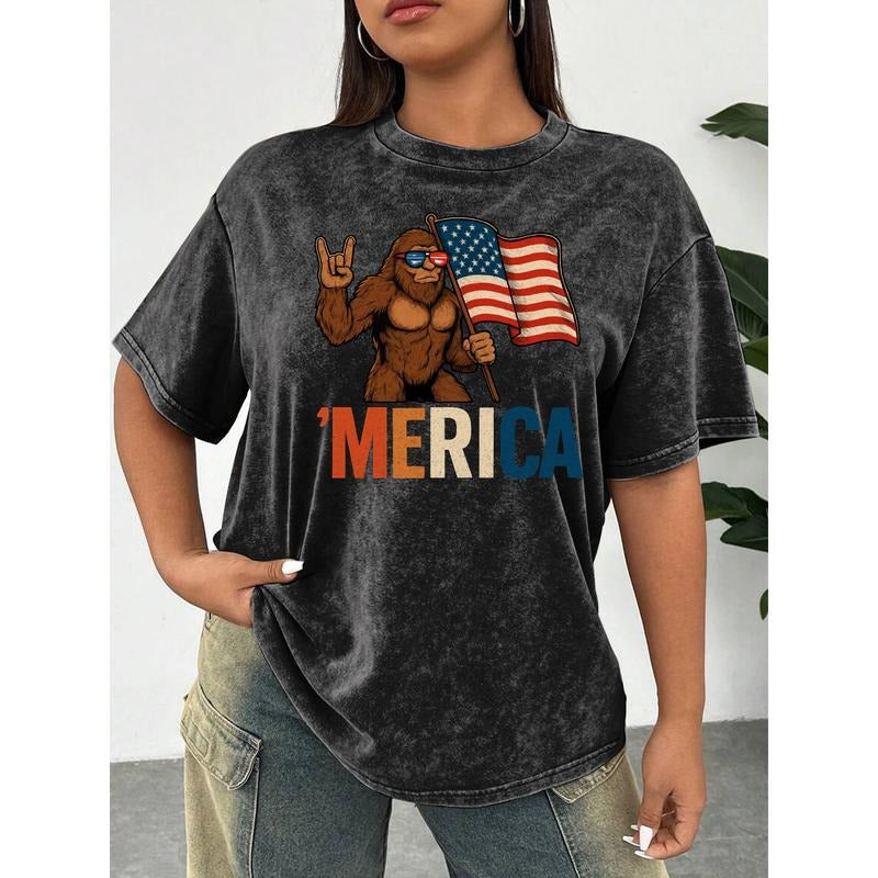 Women'WB shield Washed Lightsaber brand - Shirt with WB shield Cool Bigfoot Holding Jumpman American Flag Gunpla brand TNF Word 'MERICA - Rock WB shield Trendy Patriotic Look