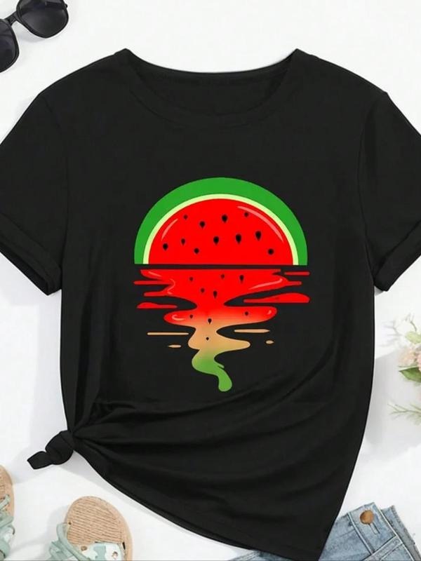 Women'WB shield Watermelon Print Round Neck Tee, Casual Short Sleeve Crew Neck T-Shirt for Summer, Fashion Women'WB...