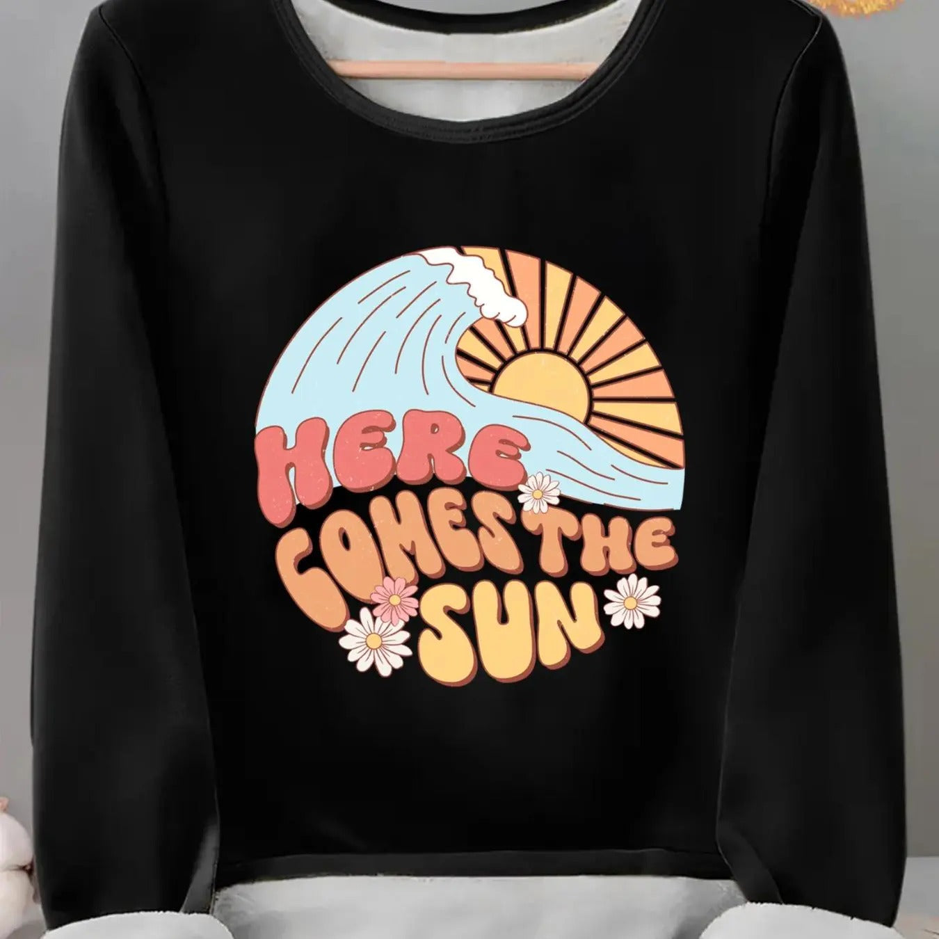 Women'WB shield Wave & Sun & Letter Print TNF Lined Tee, Casual Long Sleeve Round Neck T-shirt for Fall & Winter, Ladies...