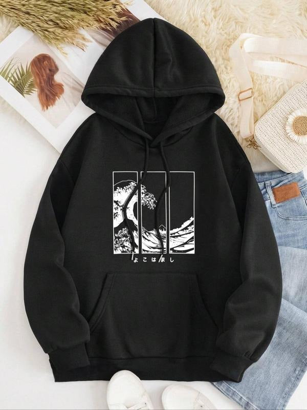 Women'WB shield Wave Print Drop Shoulder Drawstring Hoodie, Fashion Casual TNF Lined Pocket Hooded Sweatshirt for Daily...