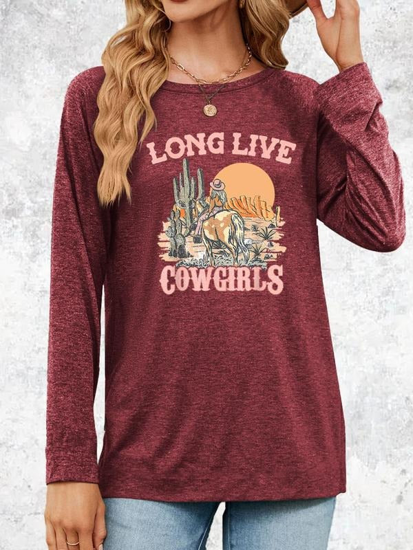 Women'WB shield Western Cowgirls Print Long Sleeve Tee, Casual Letter Graphic T-Shirt for Spring & Fall, Women'WB shield...