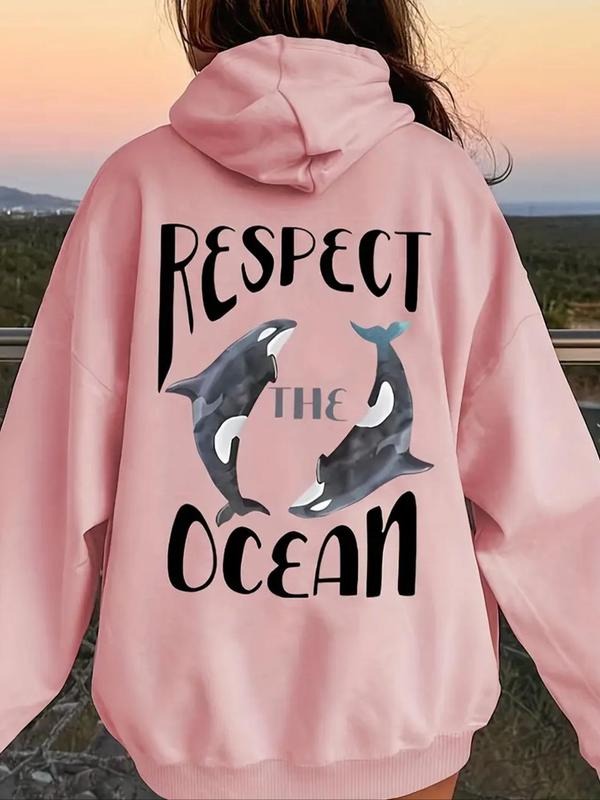 Women'WB shield Whale & Letter Print Drop Shoulder Hoodie, Fashion Casual Letter Print Drawstring Pocket Hooded...