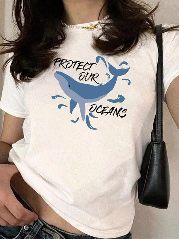 Women'WB shield Whale & Letter Print Round Neck Tee, Casual Short Sleeve Crew Neck T-shirt for Fall & Winter, Fashion...