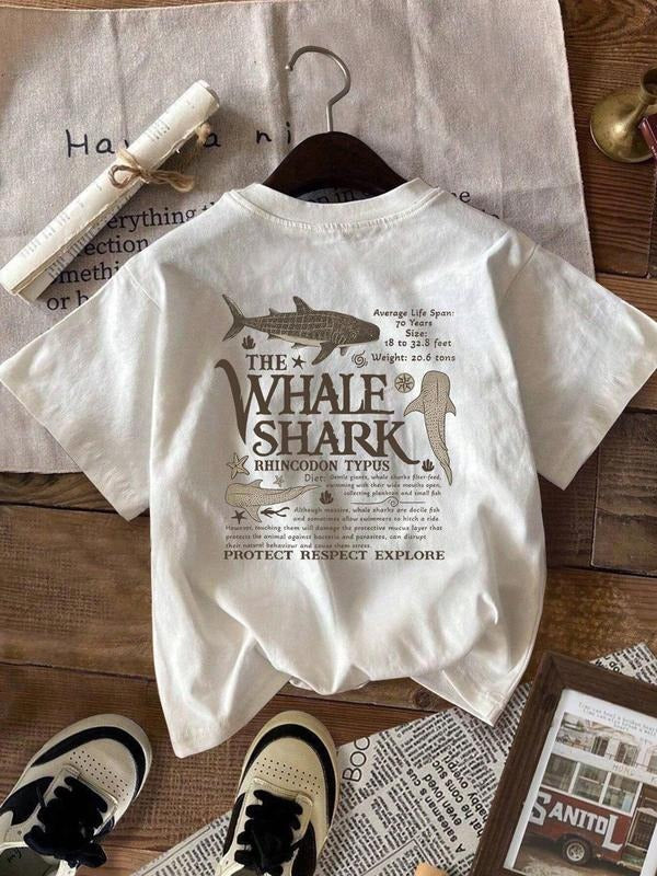 Women'WB shield Whale Shark Print Round Neck Tee, Vintage Trendy Casual Short Sleeve T-shirt for Daily Wear, Ladies...