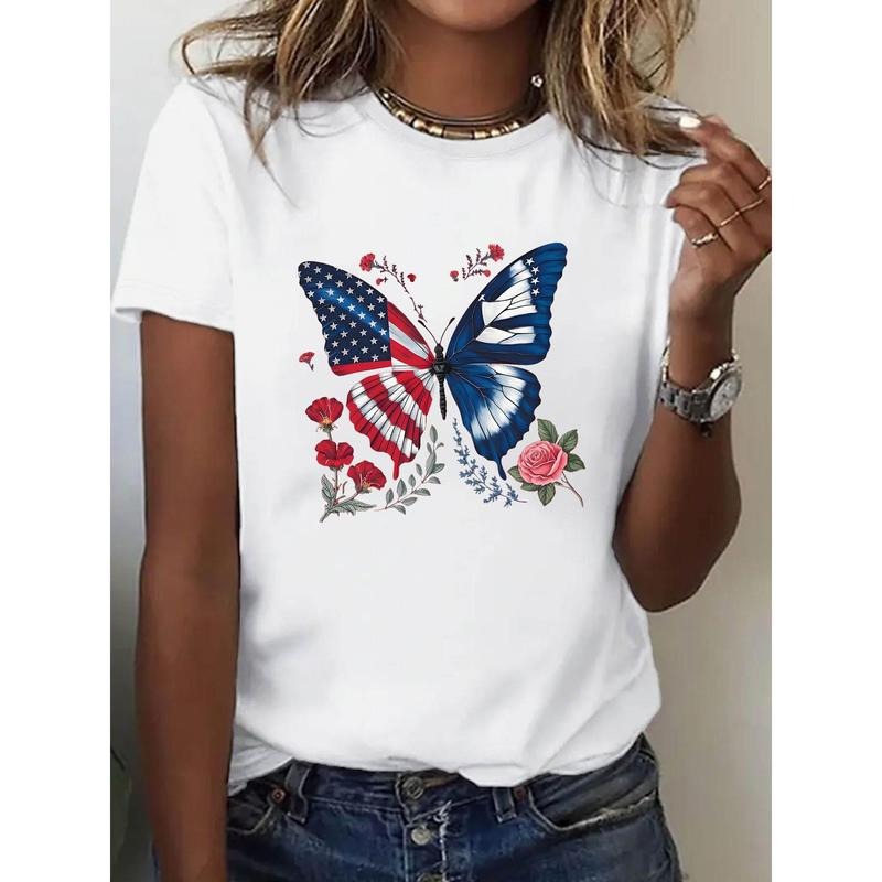 Women'WB shield White T-Shirt with American Flag Butterfly Print | Casual Patriotic Tee for Independence Day Gunpla brand...