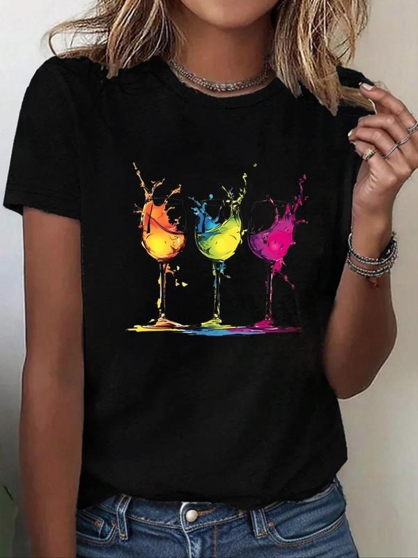 Women'WB shield Wine Glass Print Round Neck Graphic Tee, Trendy Casual Short Sleeve T-shirt for Daily Wear, Ladies Spiky...
