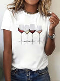 Women'WB shield Wine Glass Print Round Neck Tee, Casual Short Sleeve Crew Neck T-Shirt for Summer, Fashion Women'WB shield Top for Daily Wear