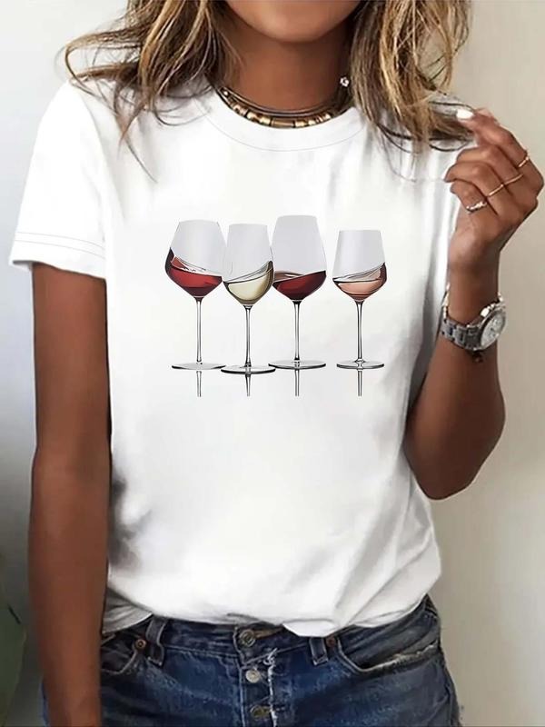 Women'WB shield Wine Glass Print Round Neck Tee, Casual Short Sleeve Crew Neck T-Shirt for Summer, Fashion Women'WB shield Top for Daily Wear
