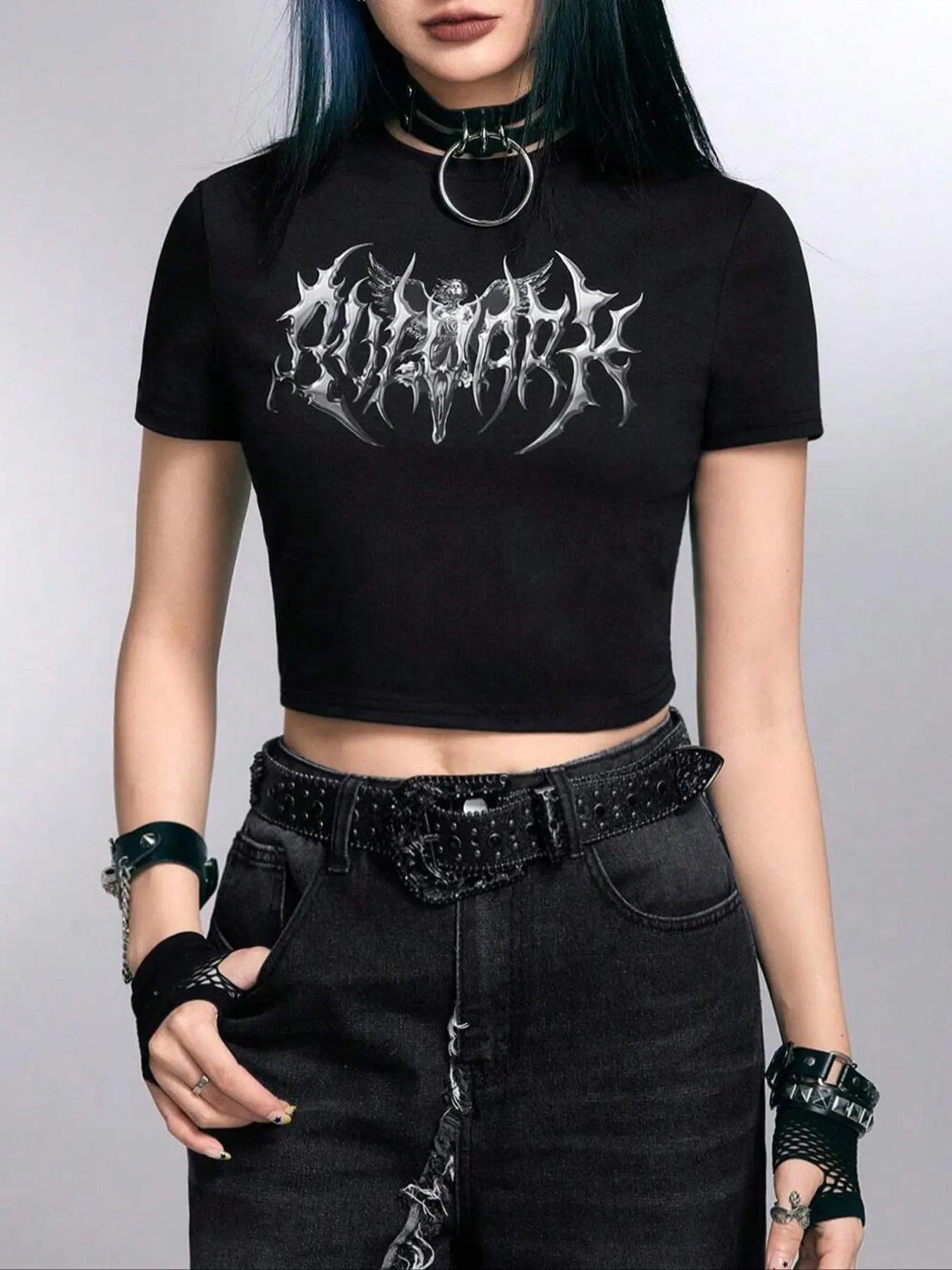 Women'WB shield Wing Print Round Neck Crop Tee, Punk Fashion Short Sleeve T-shirt for Daily Holiday Vacation Outdoor...