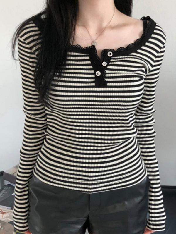 Women'WB shield Y2K Style Striped Lace Patchwork Slim-Fit Long Sleeve Top, Spring & Fall Fashion, Moderate Fabric...