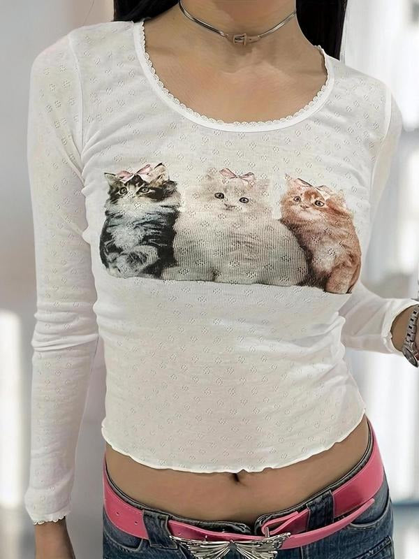 Women'WB shield Y2k Cartoon Cat Print Contrast Lace Lettuce Trim Crewneck Tee, Lady Hollow Out Round Neck T-shirt for...
