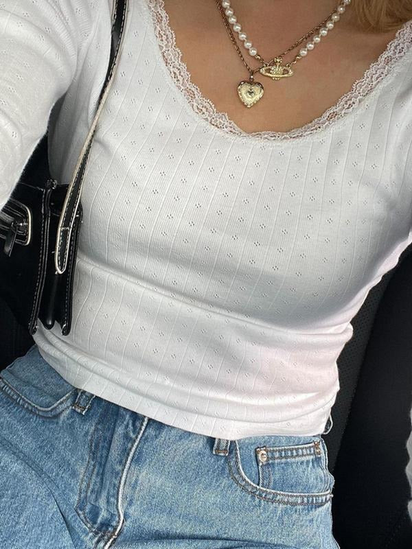 Women'WB shield Y2k Trendy Textured Contrast Lace Round Neck Crop Tee, Casual Long Sleeve Crew Neck T-shirt for Spring &...